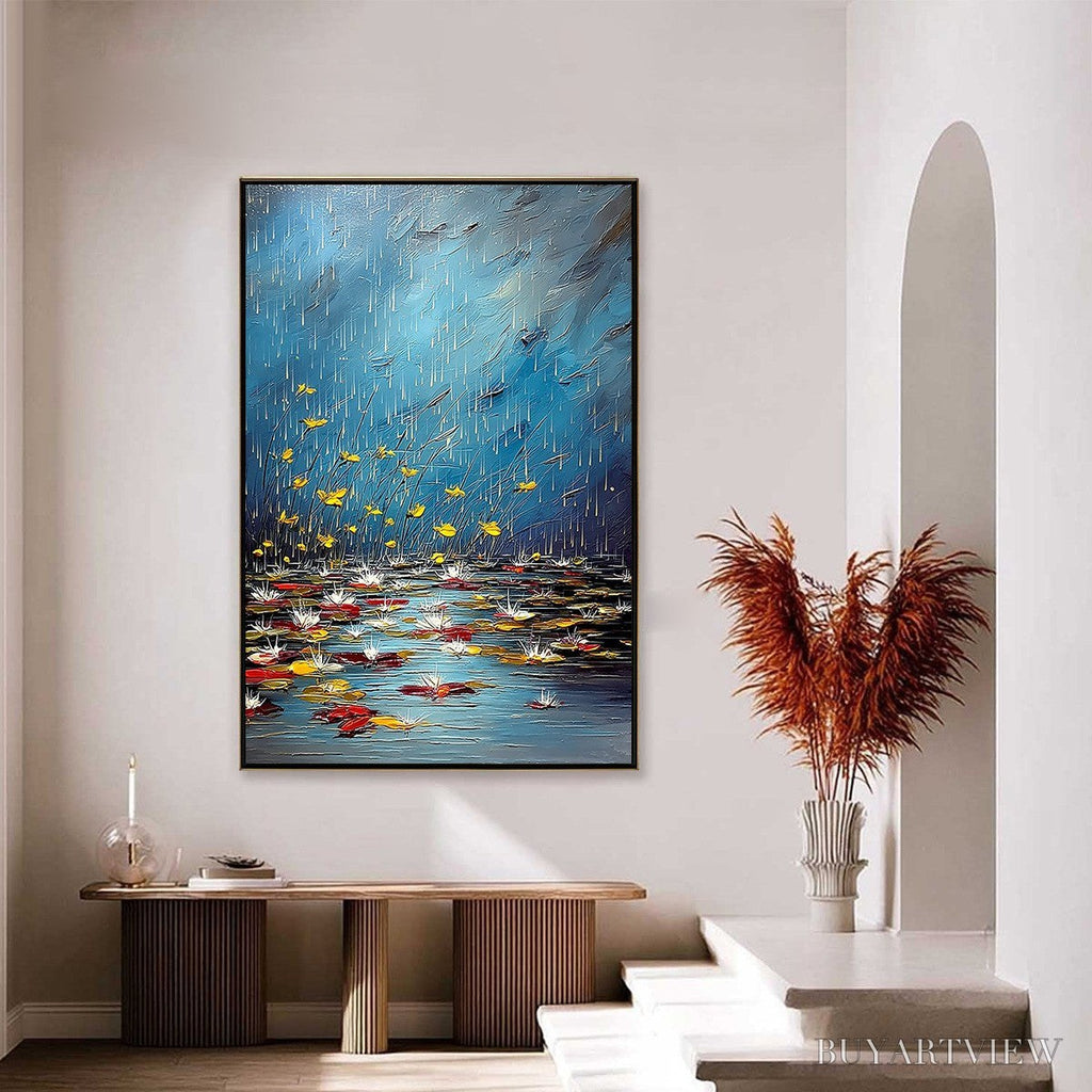 ARTOVITAS Azure Reverie – Textured Impasto Painting of a Lily Pond in the Rain - image 4