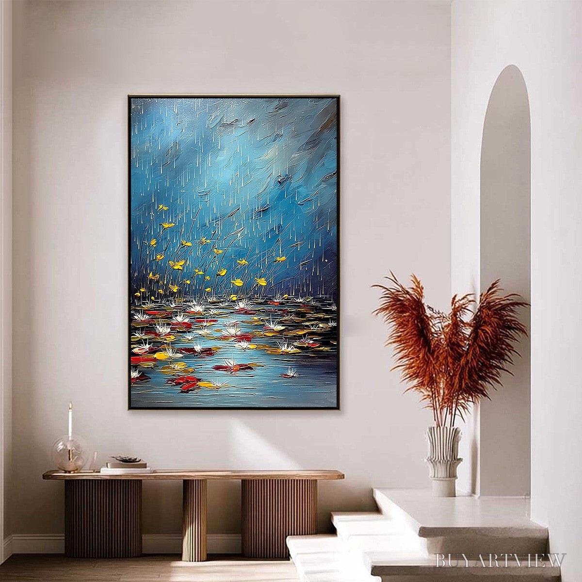 ARTOVITAS Azure Reverie – Textured Impasto Painting of a Lily Pond in the Rain - image 4