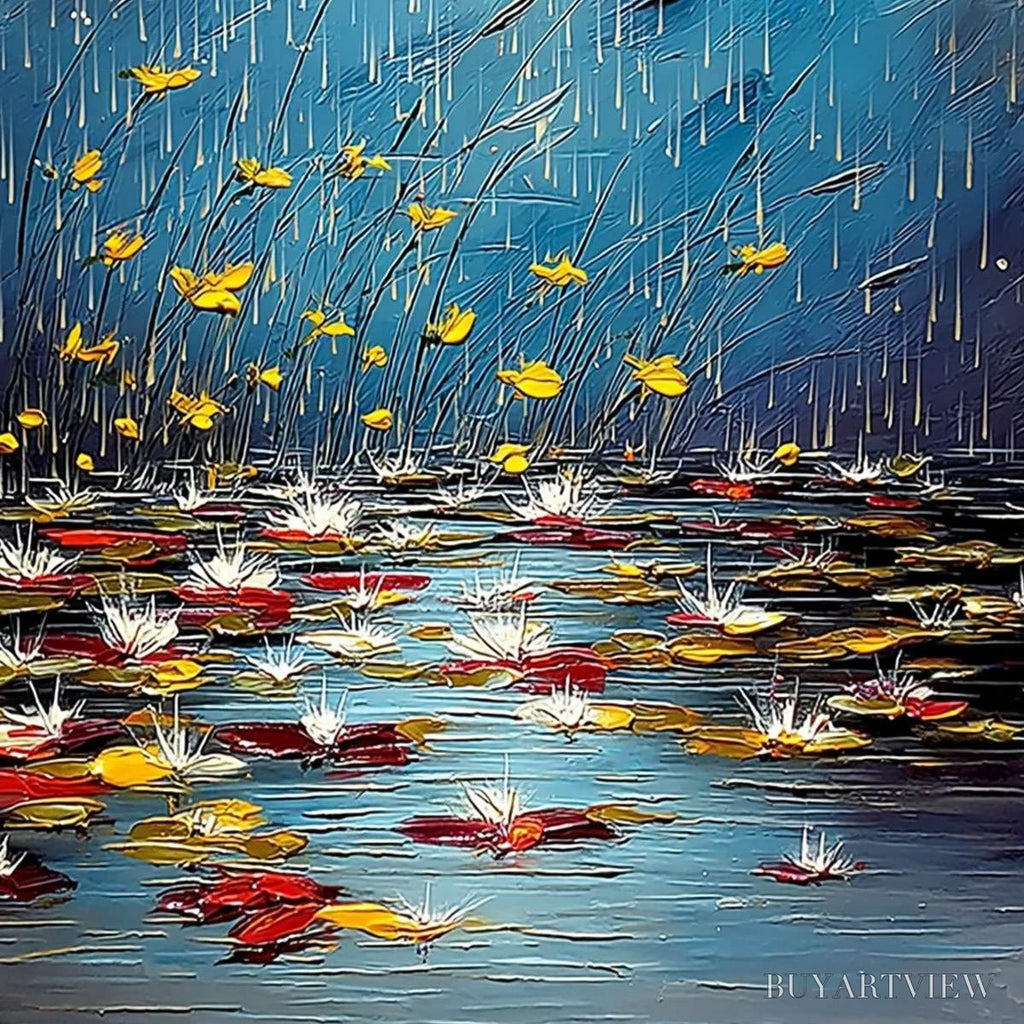 ARTOVITAS Azure Reverie – Textured Impasto Painting of a Lily Pond in the Rain - image 5