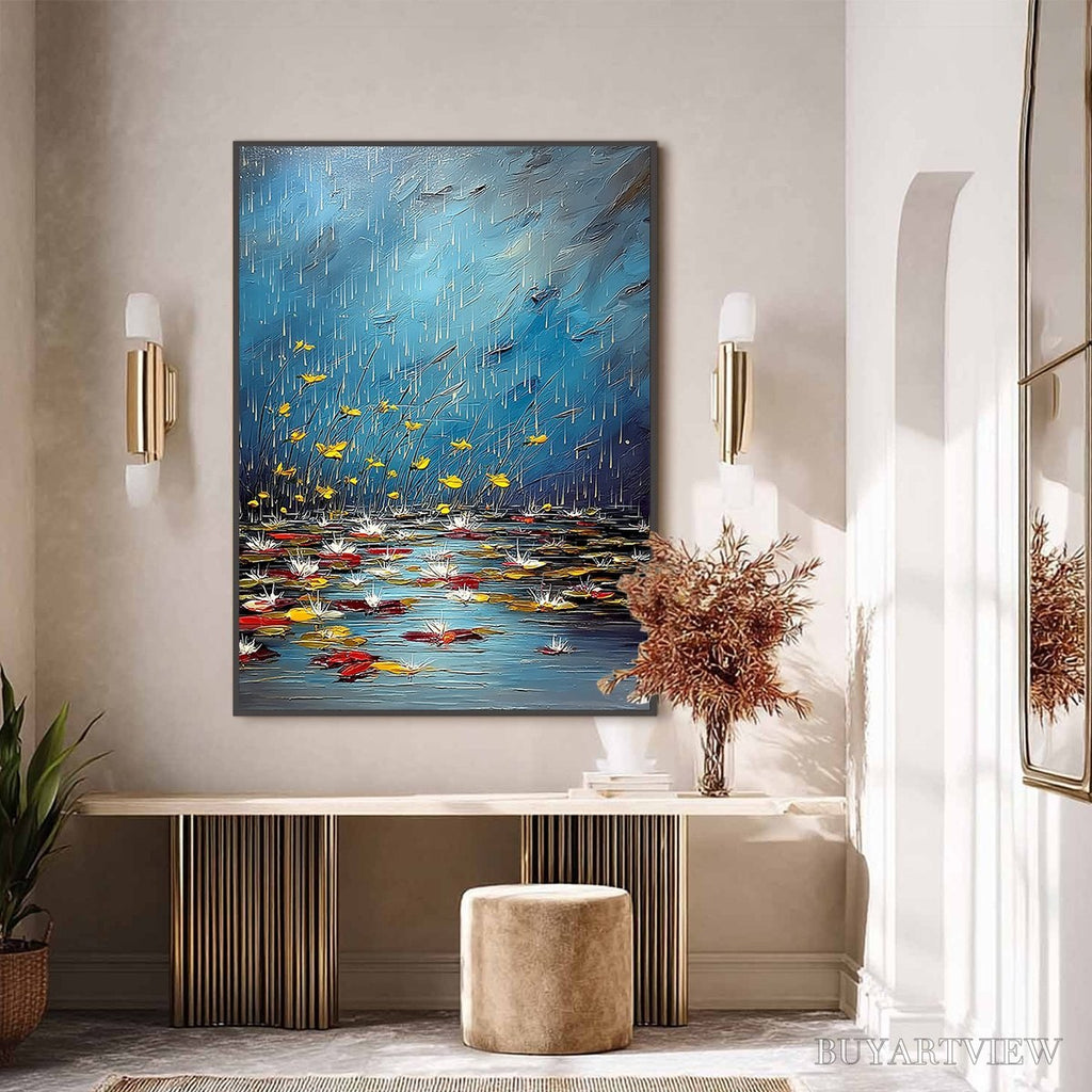 ARTOVITAS Azure Reverie – Textured Impasto Painting of a Lily Pond in the Rain - image 6