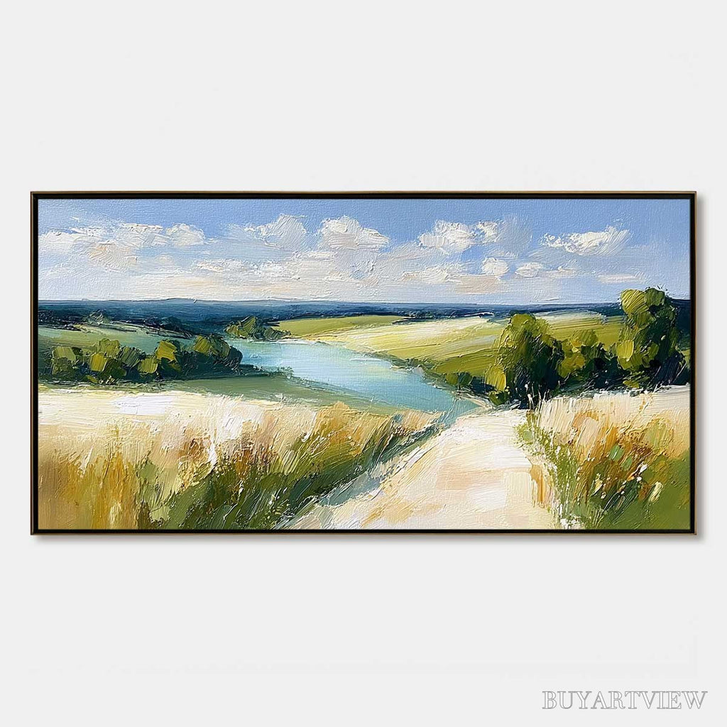 ARTOVITAS Golden Meadow Path – Textured Impasto Landscape Painting of a Countryside River - image 1