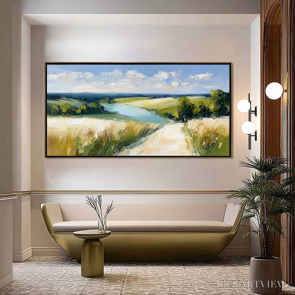 ARTOVITAS Golden Meadow Path – Textured Impasto Landscape Painting of a Countryside River - image 2