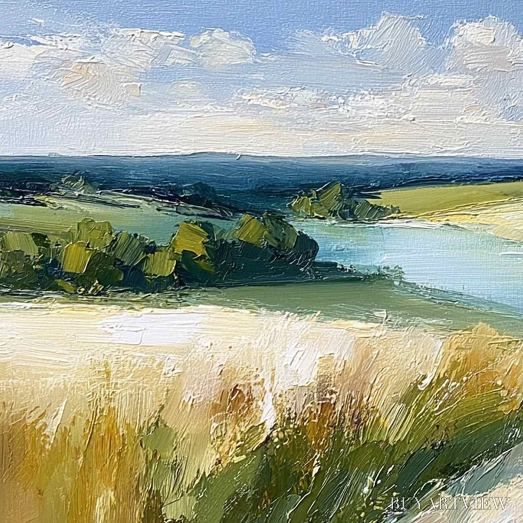 ARTOVITAS Golden Meadow Path – Textured Impasto Landscape Painting of a Countryside River - image 3