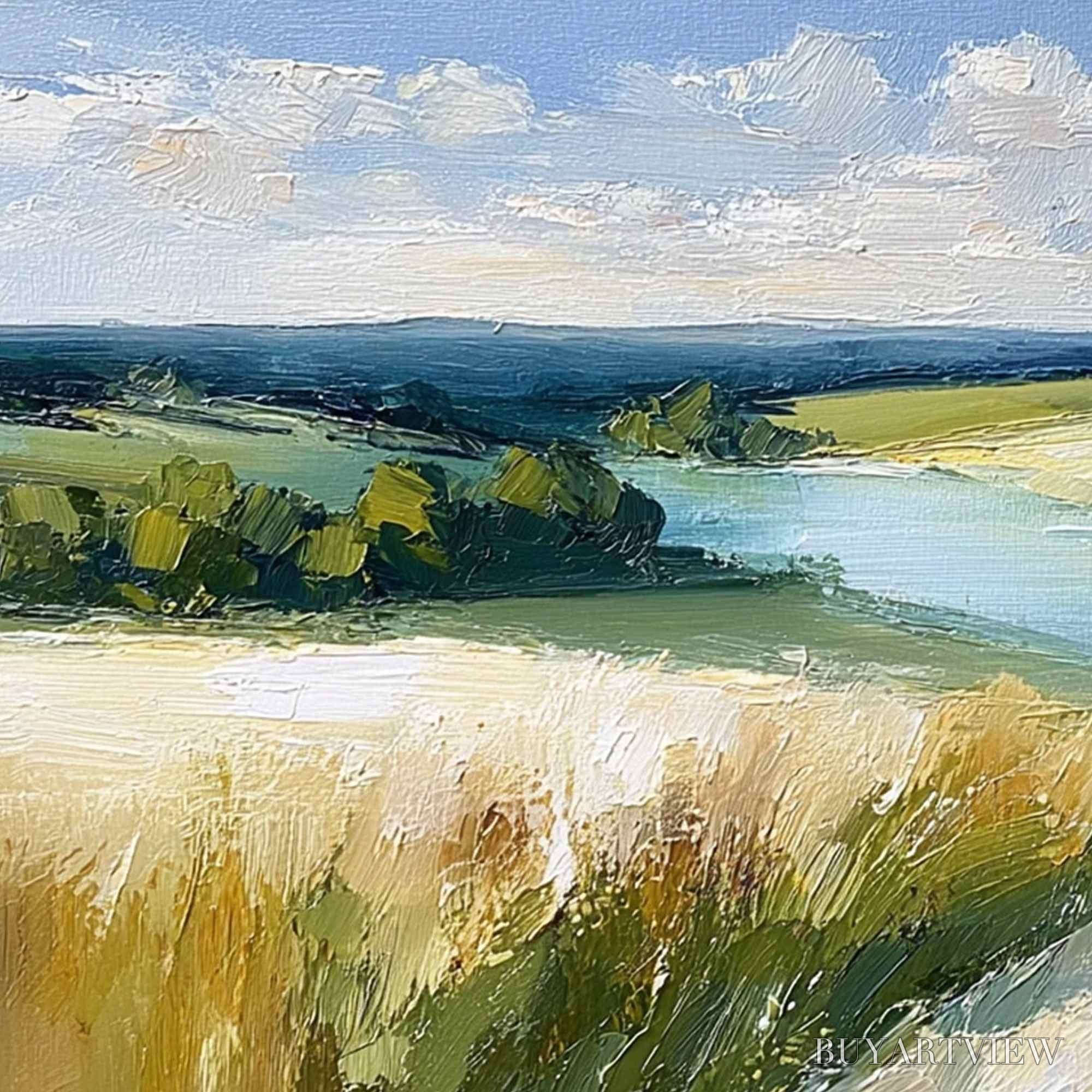 ARTOVITAS Golden Meadow Path – Textured Impasto Landscape Painting of a Countryside River - image 3