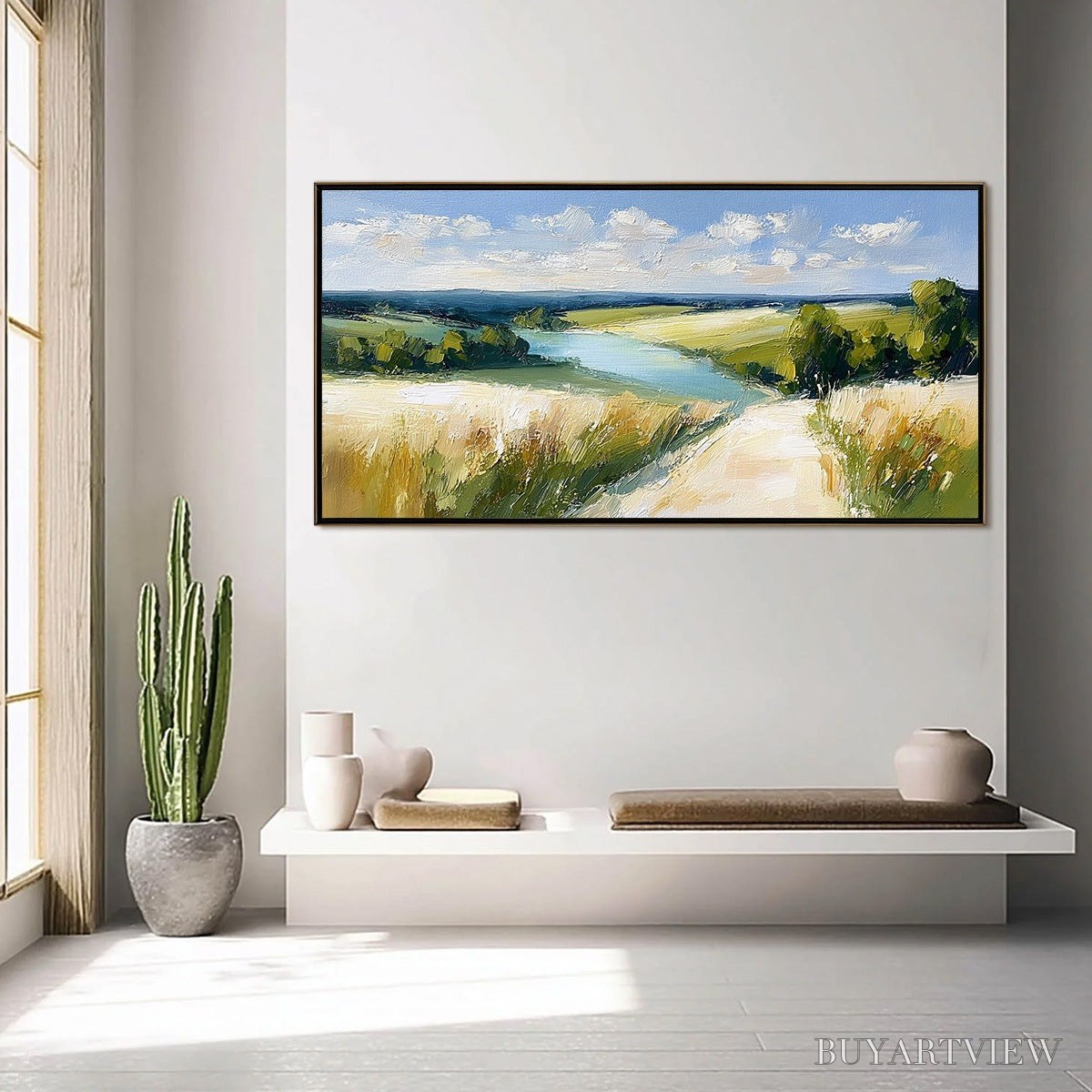ARTOVITAS Golden Meadow Path – Textured Impasto Landscape Painting of a Countryside River - image 4