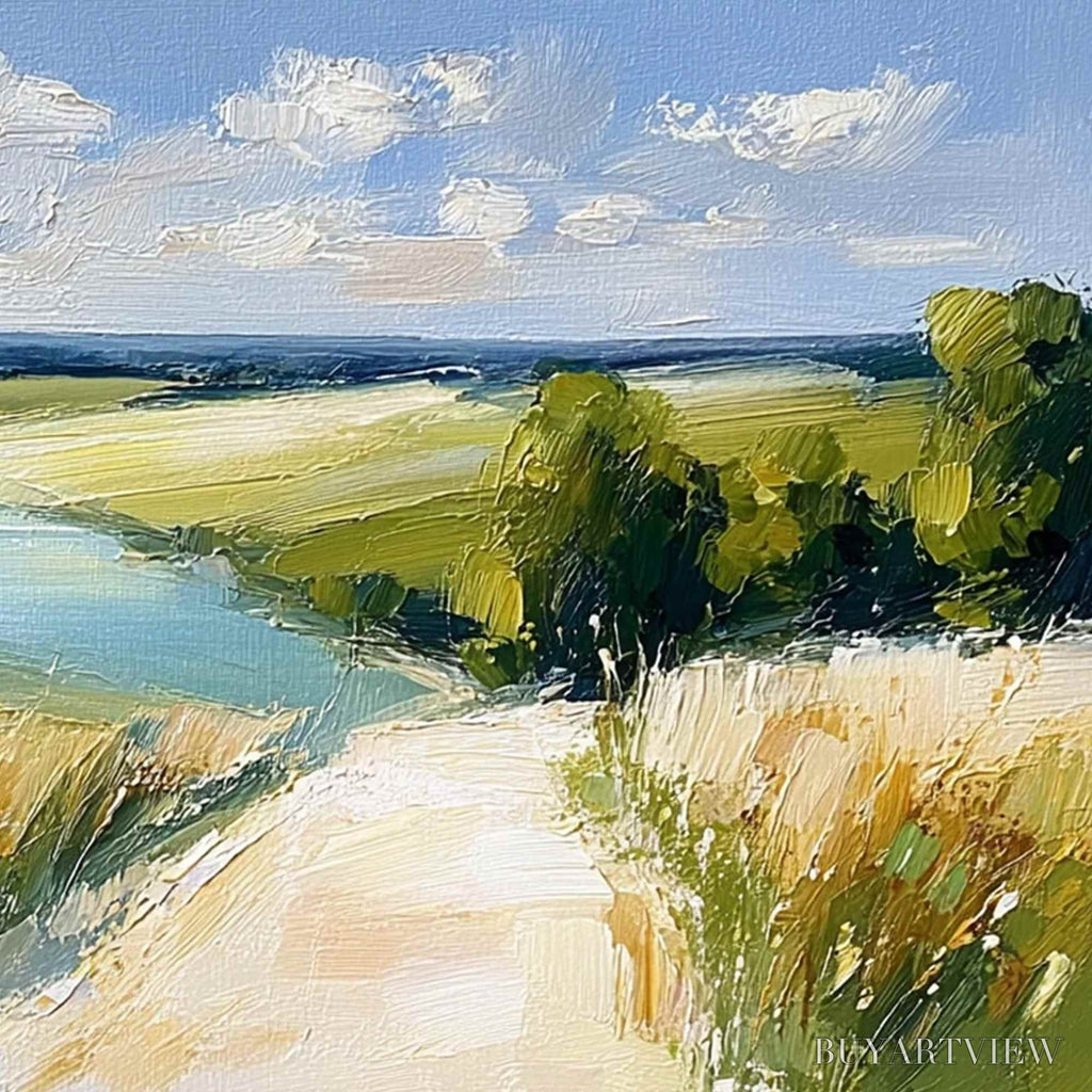 ARTOVITAS Golden Meadow Path – Textured Impasto Landscape Painting of a Countryside River - image 5