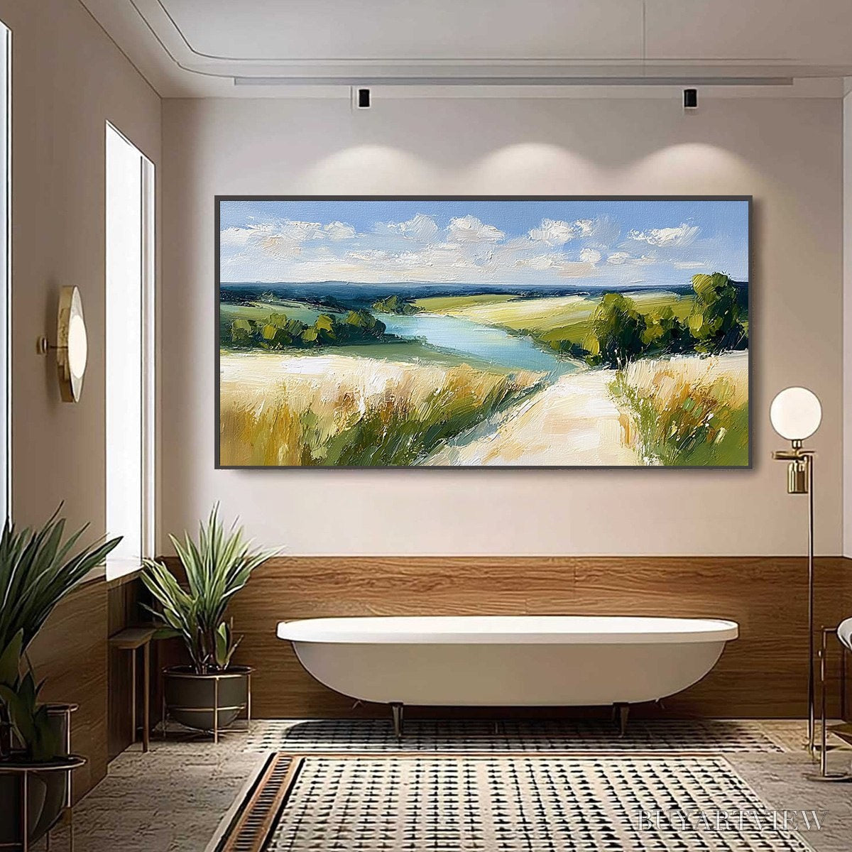 ARTOVITAS Golden Meadow Path – Textured Impasto Landscape Painting of a Countryside River - image 6