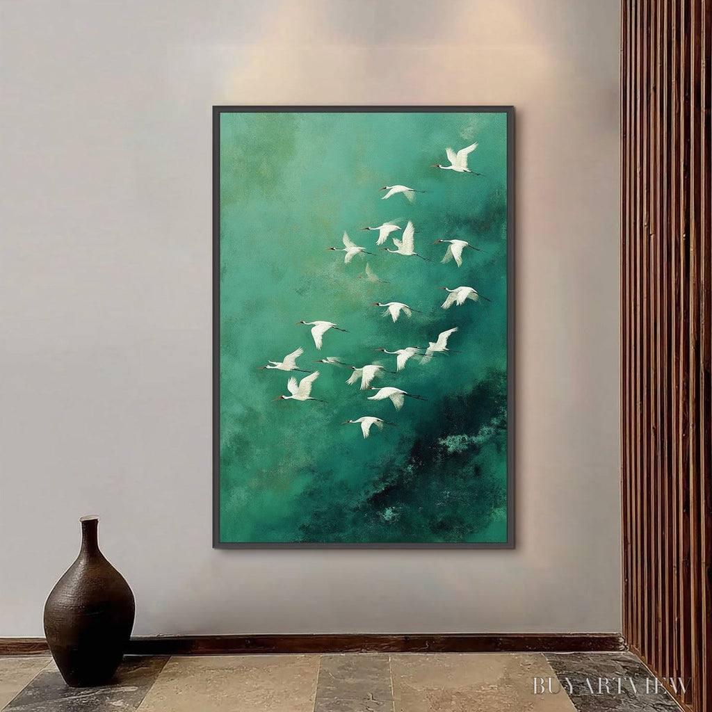 ARTOVITAS Celestial Journey | Green Crane Abstract Vertical Oil Painting - image 2