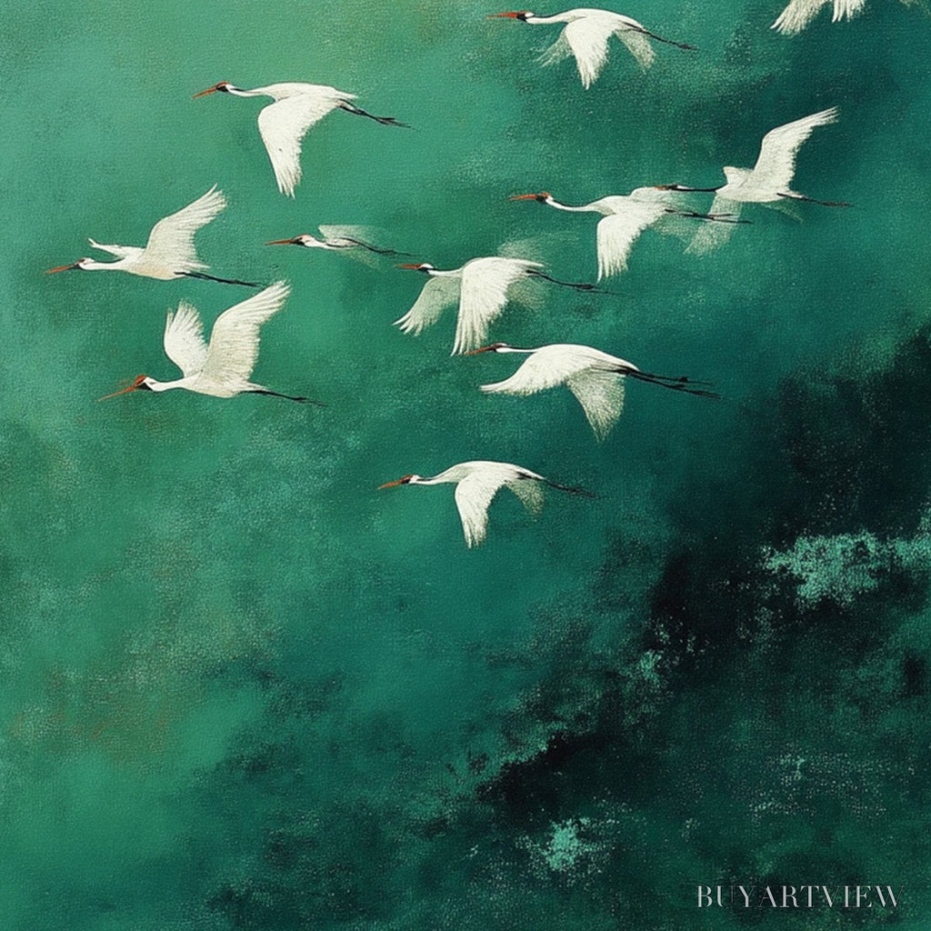 ARTOVITAS Celestial Journey | Green Crane Abstract Vertical Oil Painting - image 3