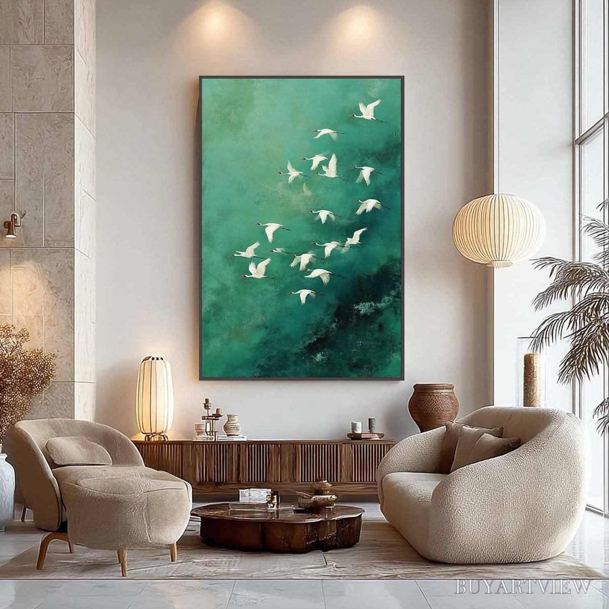 ARTOVITAS Celestial Journey | Green Crane Abstract Vertical Oil Painting - image 4