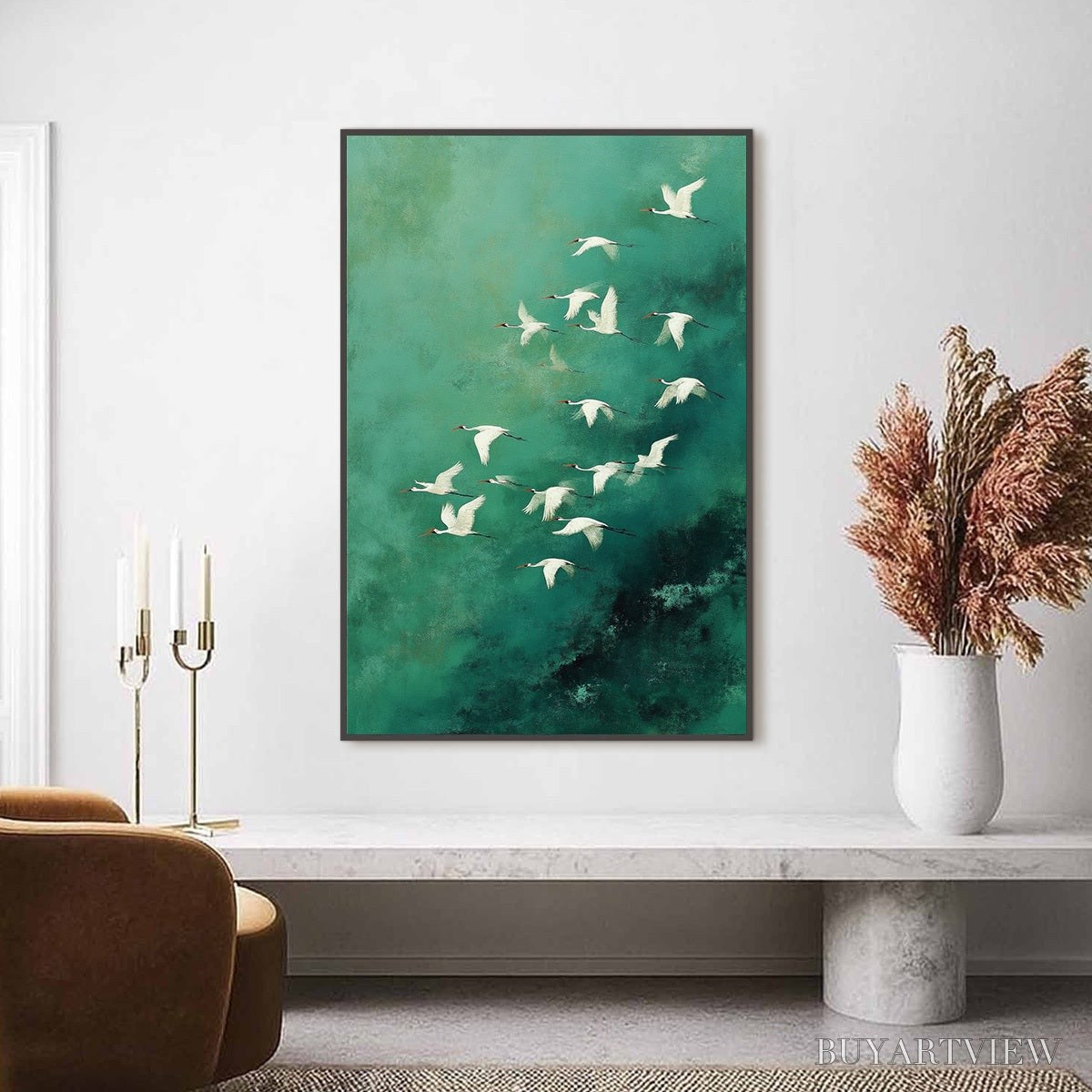 ARTOVITAS Celestial Journey | Green Crane Abstract Vertical Oil Painting - image 6