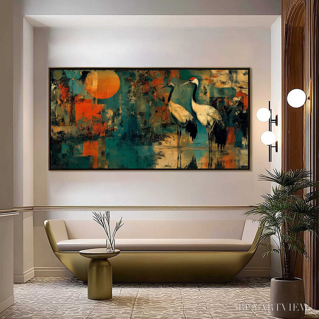 ARTOVITAS Sunset Vigil – Abstract Crane Painting with Teal and Orange Tones - image 2