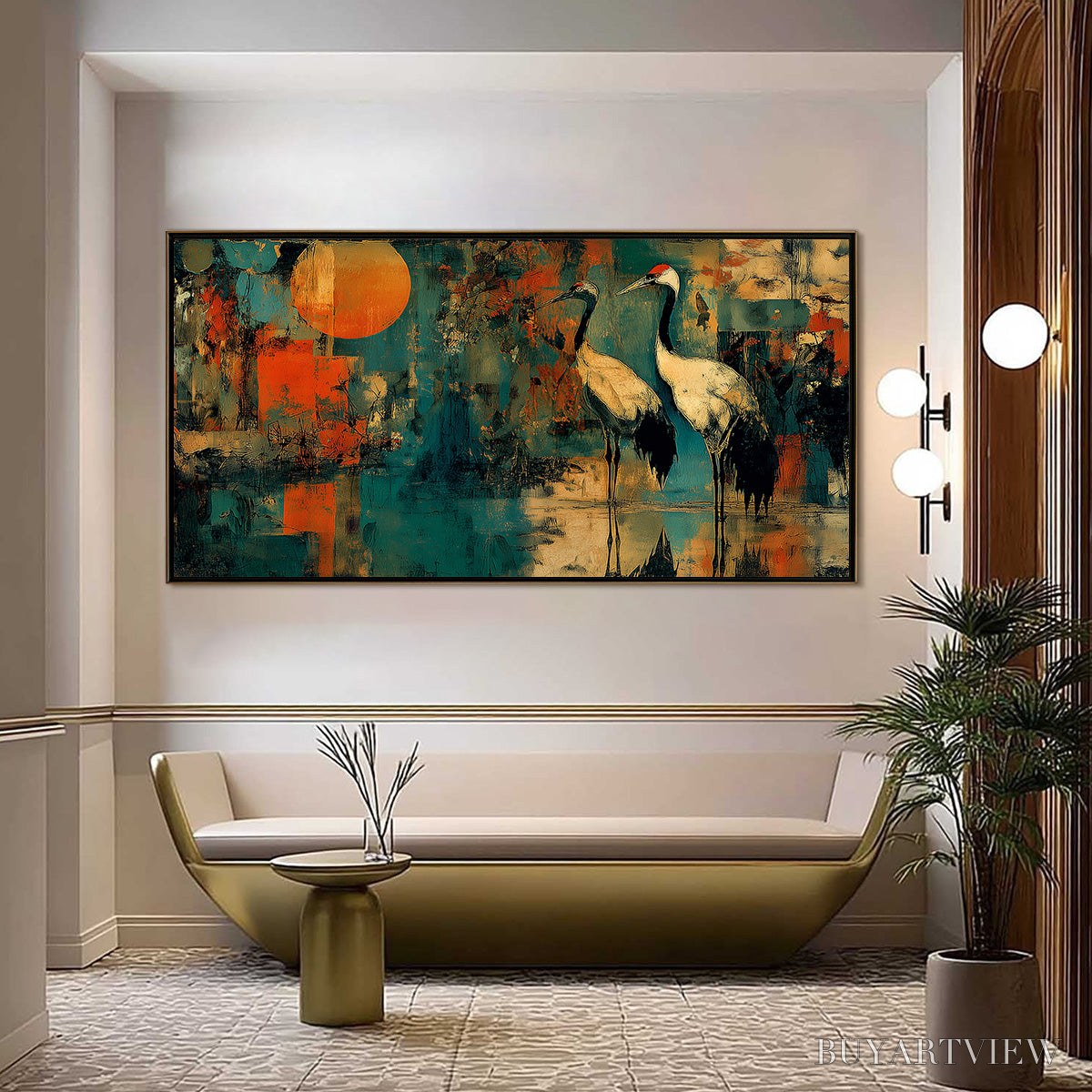 ARTOVITAS Sunset Vigil – Abstract Crane Painting with Teal and Orange Tones - image 2