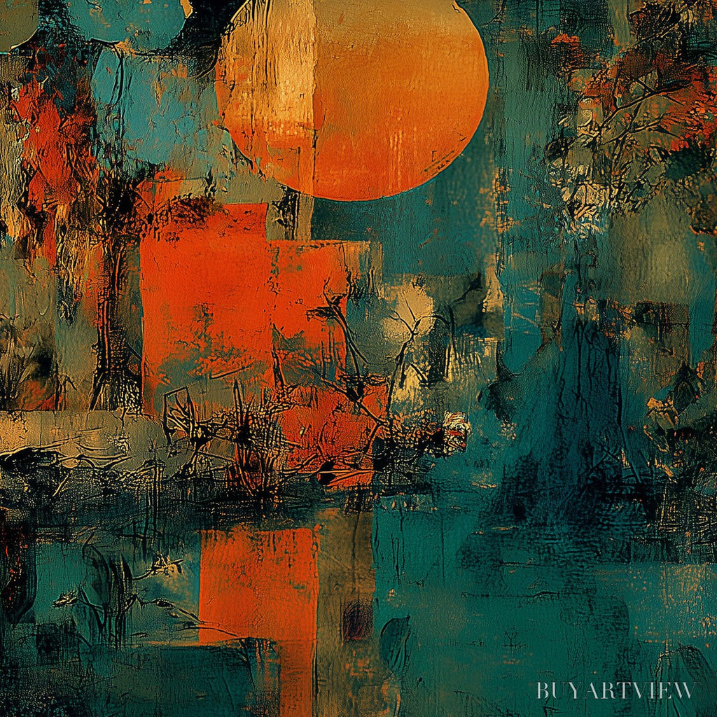 ARTOVITAS Sunset Vigil – Abstract Crane Painting with Teal and Orange Tones - image 3