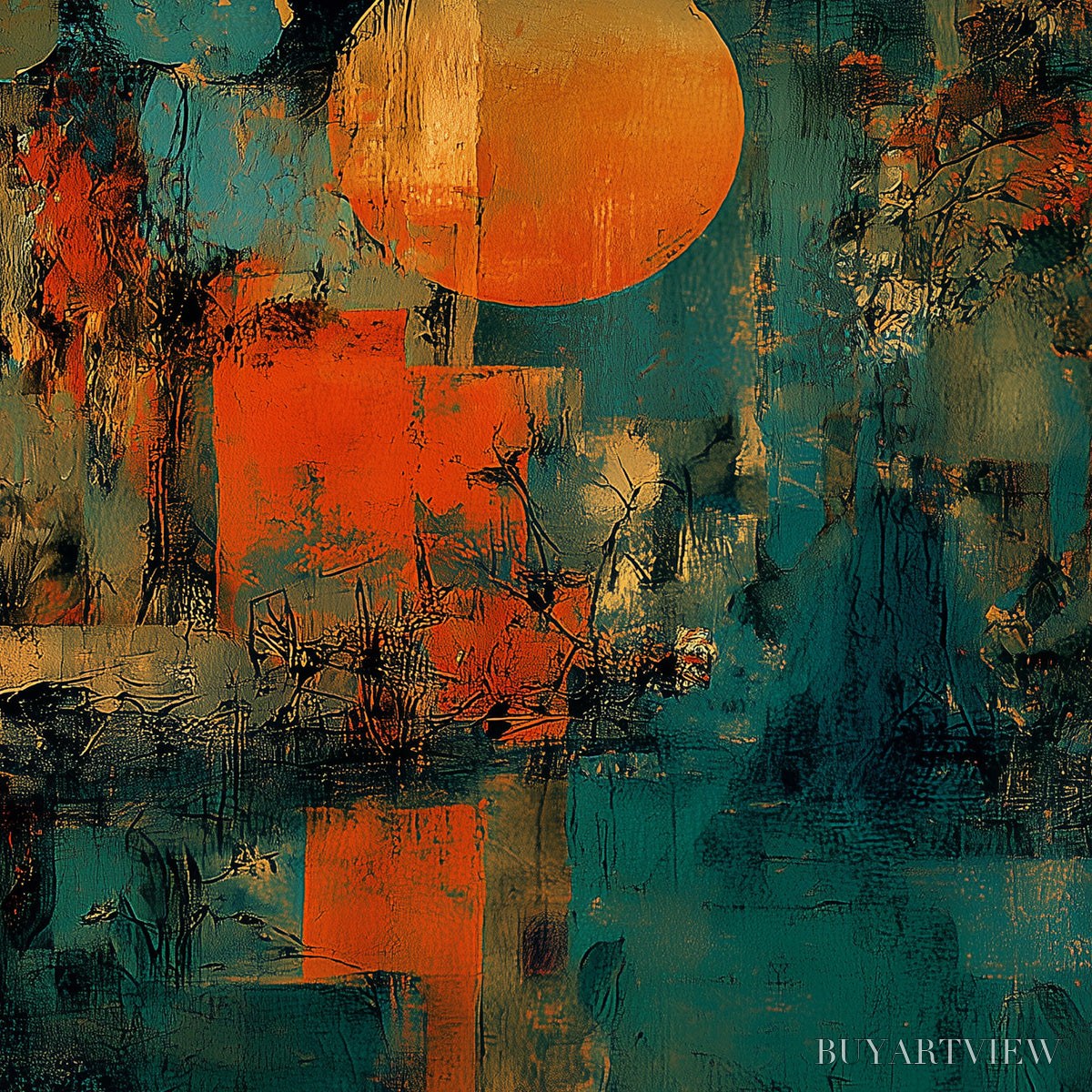 ARTOVITAS Sunset Vigil – Abstract Crane Painting with Teal and Orange Tones - image 3