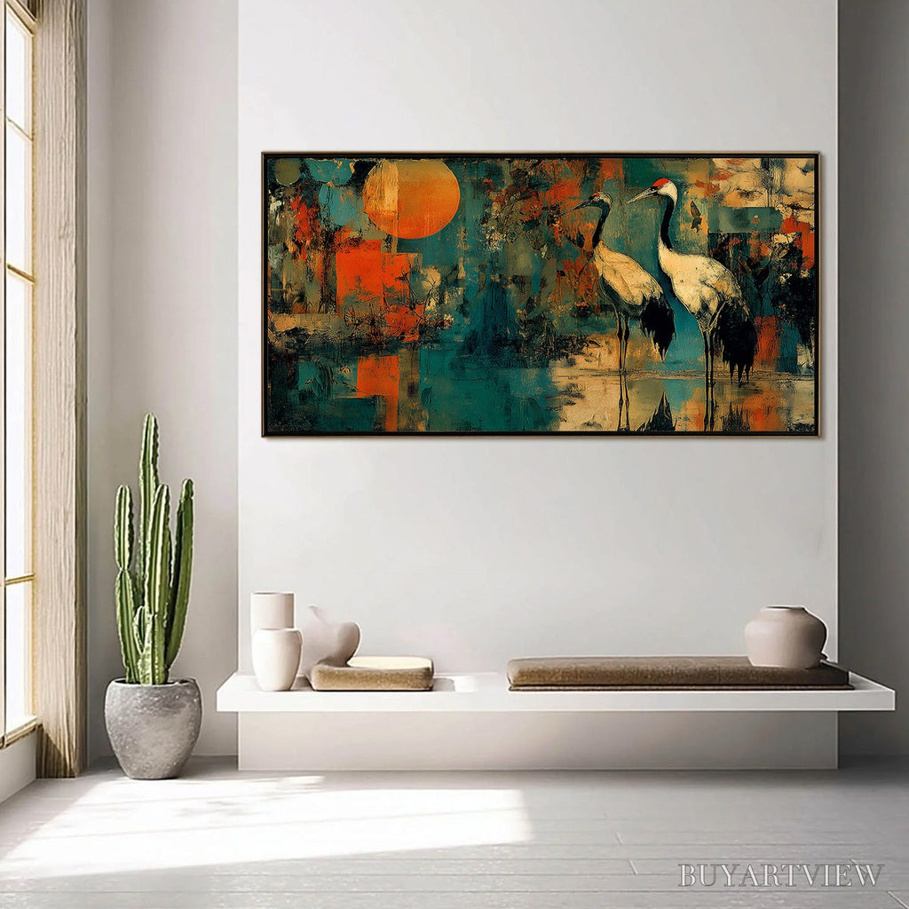 ARTOVITAS Sunset Vigil – Abstract Crane Painting with Teal and Orange Tones - image 4