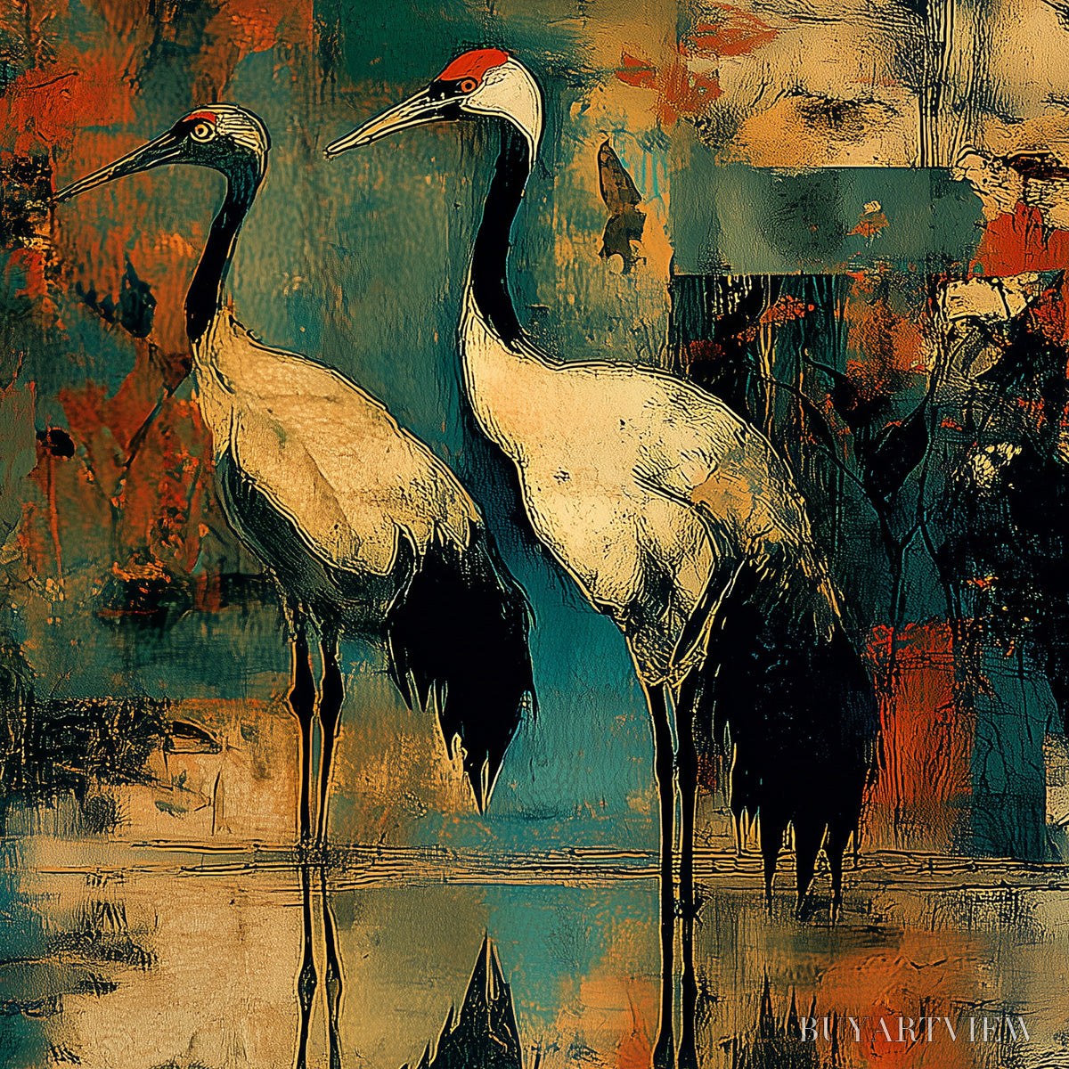 ARTOVITAS Sunset Vigil – Abstract Crane Painting with Teal and Orange Tones - image 5