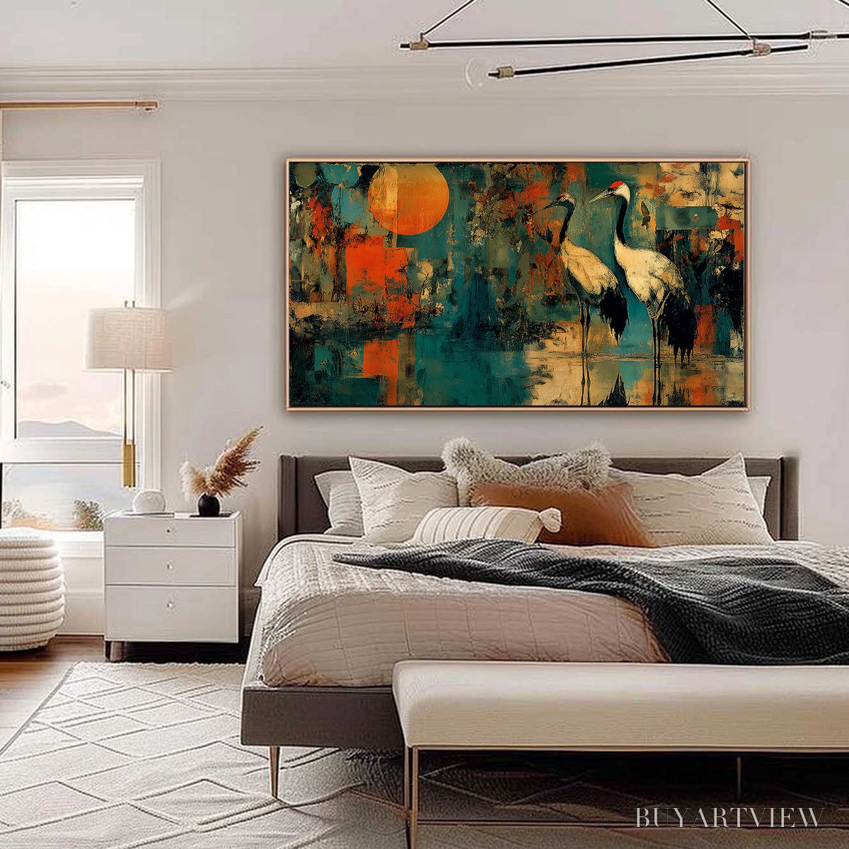 ARTOVITAS Sunset Vigil – Abstract Crane Painting with Teal and Orange Tones - image 6
