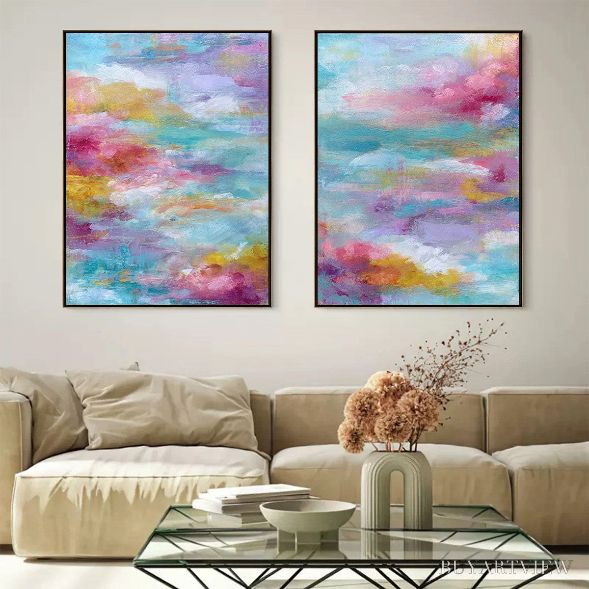 ARTOVITAS Morning Rapture – Colorful Abstract Cloudscape Painting Set of 2 - image 6