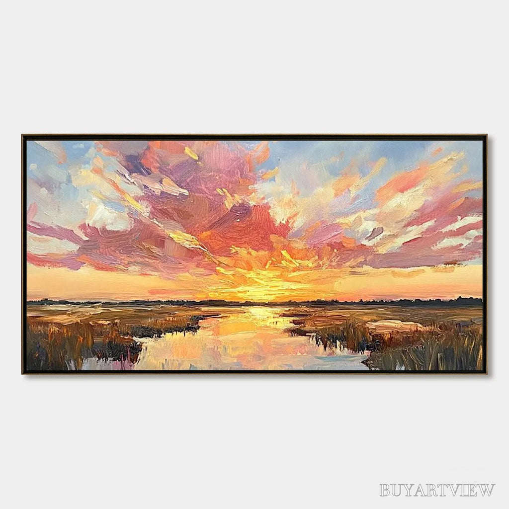 ARTOVITAS Emberglow Marsh – Colorful Palette Knife Sunset Landscape Painting - image 1
