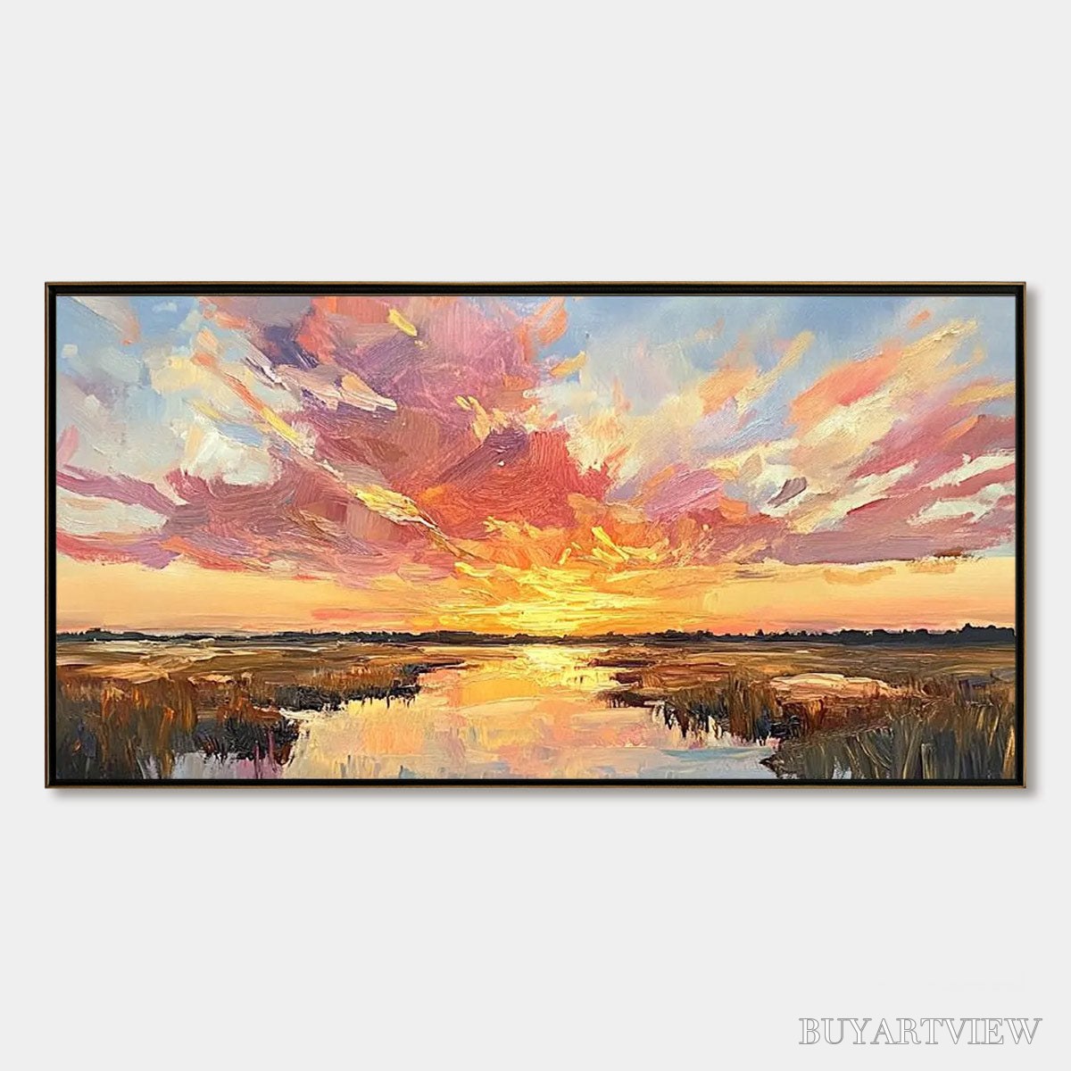 ARTOVITAS Emberglow Marsh – Colorful Palette Knife Sunset Landscape Painting - image 1