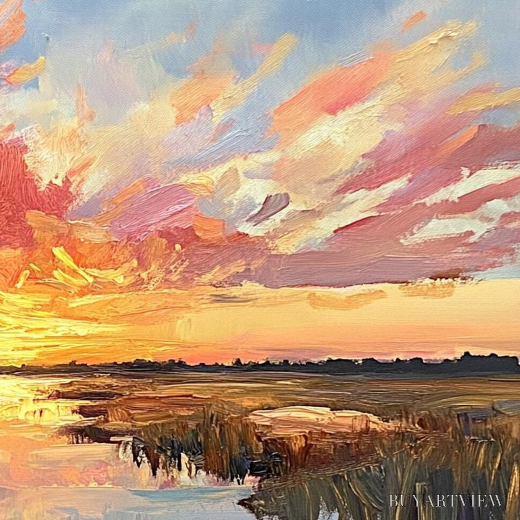ARTOVITAS Emberglow Marsh – Colorful Palette Knife Sunset Landscape Painting - image 3