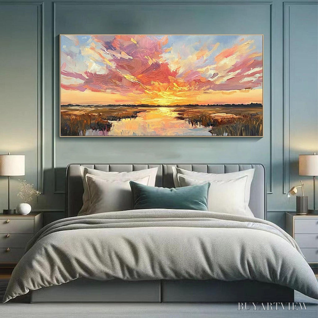 ARTOVITAS Emberglow Marsh – Colorful Palette Knife Sunset Landscape Painting - image 4