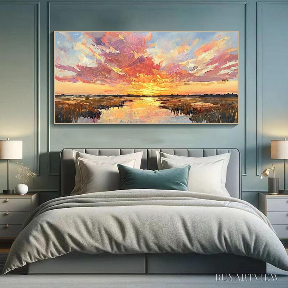 ARTOVITAS Emberglow Marsh – Colorful Palette Knife Sunset Landscape Painting - image 4