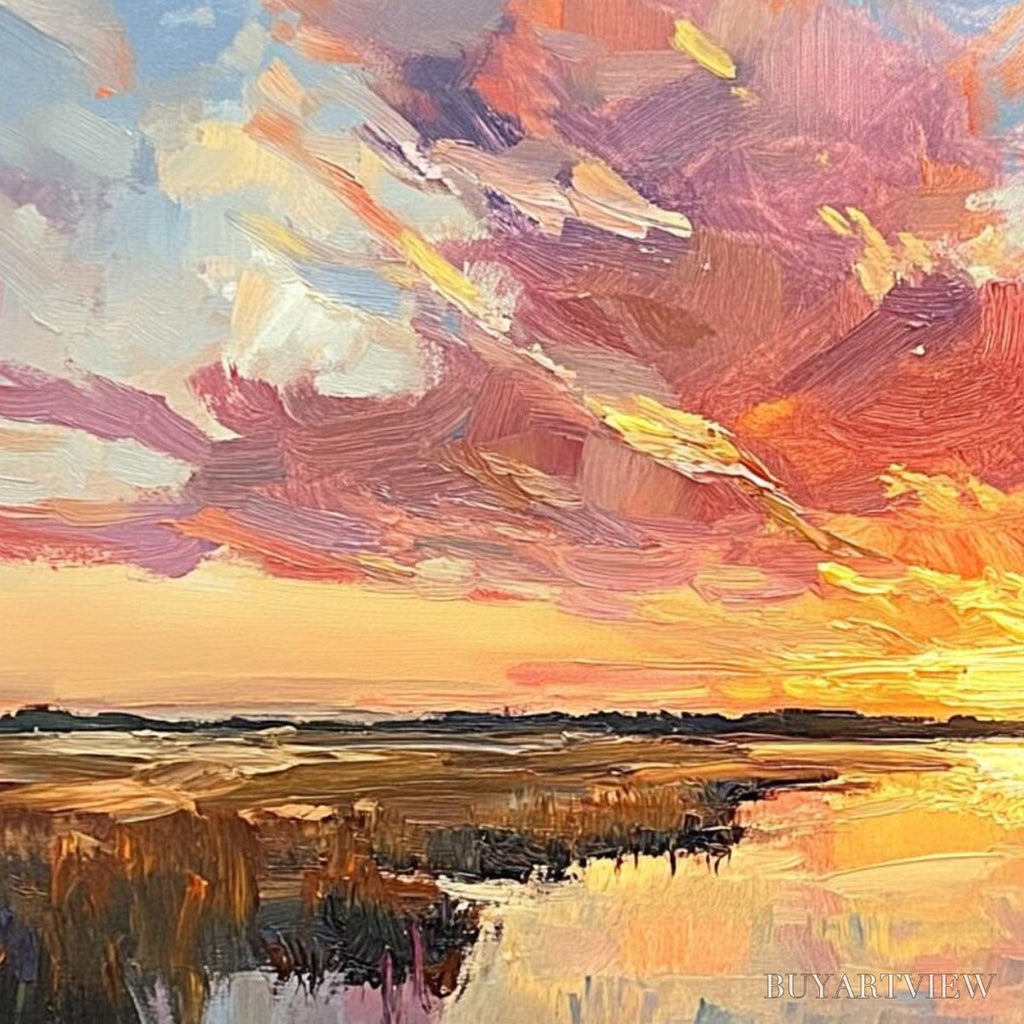 ARTOVITAS Emberglow Marsh – Colorful Palette Knife Sunset Landscape Painting - image 5