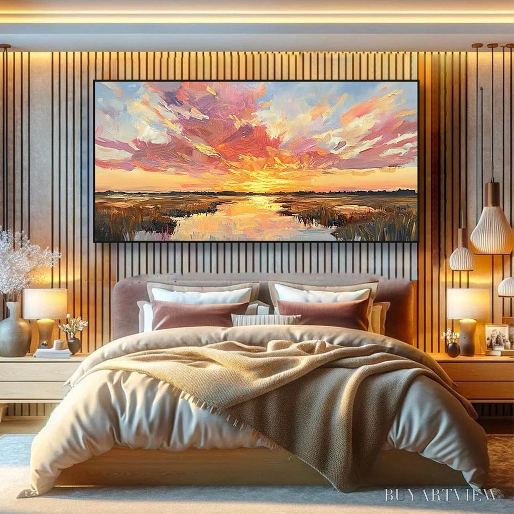 ARTOVITAS Emberglow Marsh – Colorful Palette Knife Sunset Landscape Painting - image 6
