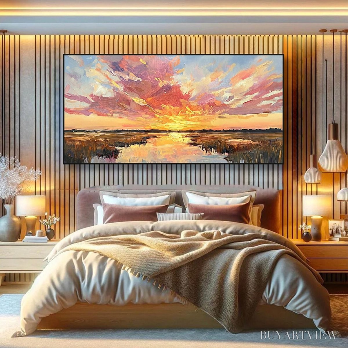 ARTOVITAS Emberglow Marsh – Colorful Palette Knife Sunset Landscape Painting - image 6