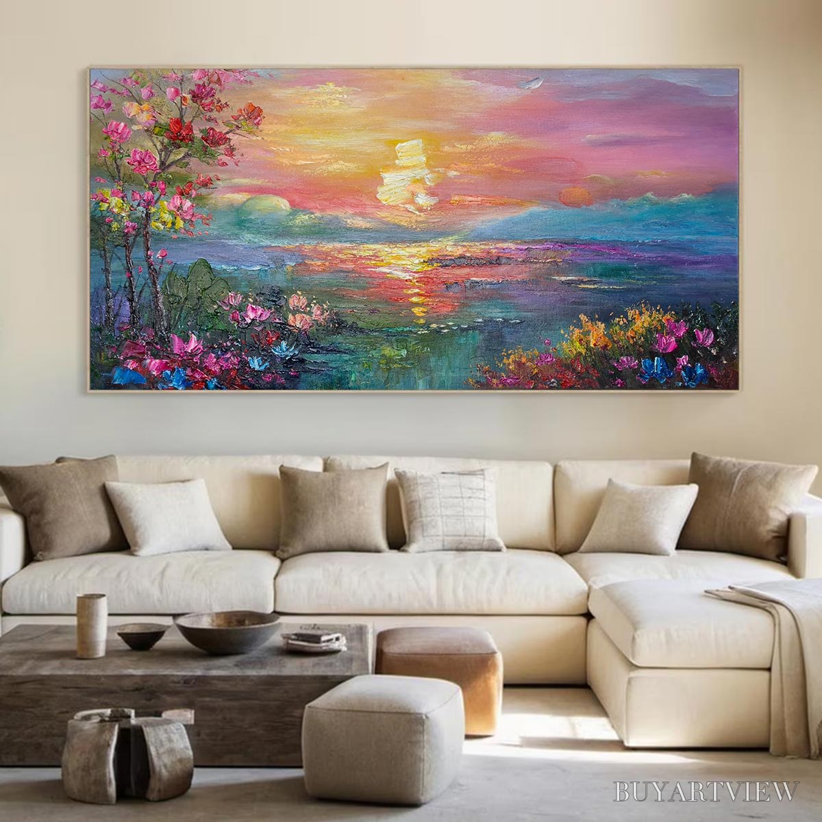 ARTOVITAS Ready to Ship | Watercolor Sunset | 20''X40'' | 50x100cm | Frameless - image 1