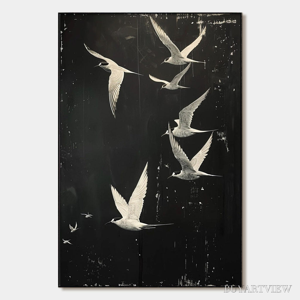 ARTOVITAS Night Flight – Monochromatic Birds in Flight Oil Painting - image 1