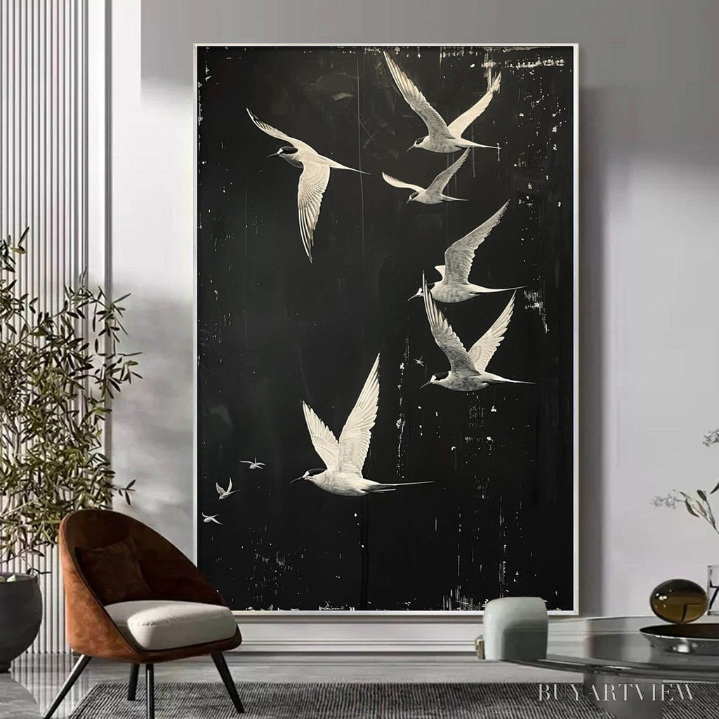 ARTOVITAS Night Flight – Monochromatic Birds in Flight Oil Painting - image 2