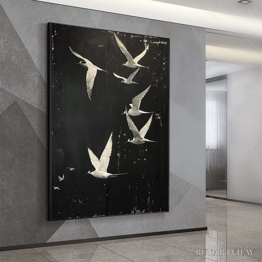 ARTOVITAS Night Flight – Monochromatic Birds in Flight Oil Painting - image 4