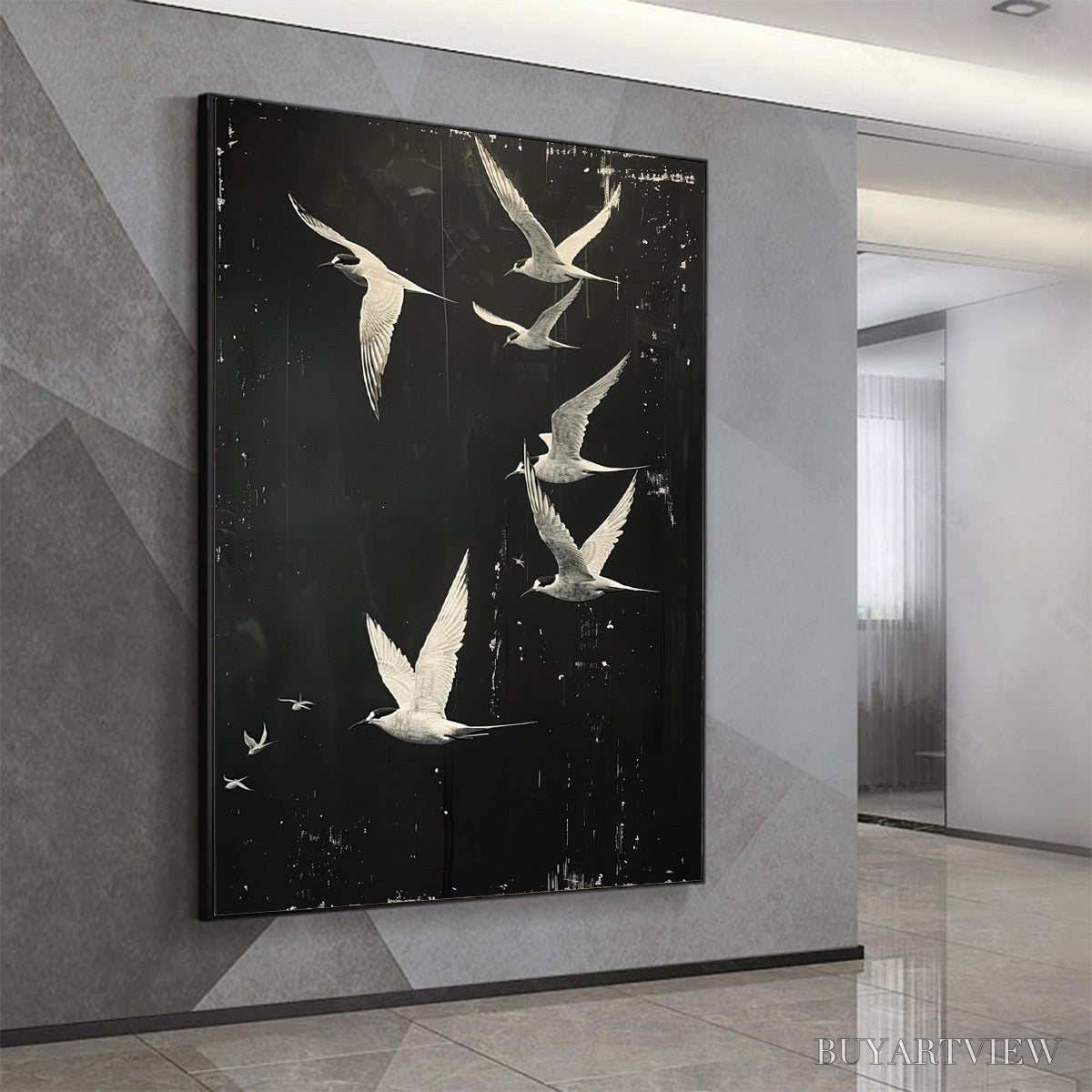 ARTOVITAS Night Flight – Monochromatic Birds in Flight Oil Painting - image 4