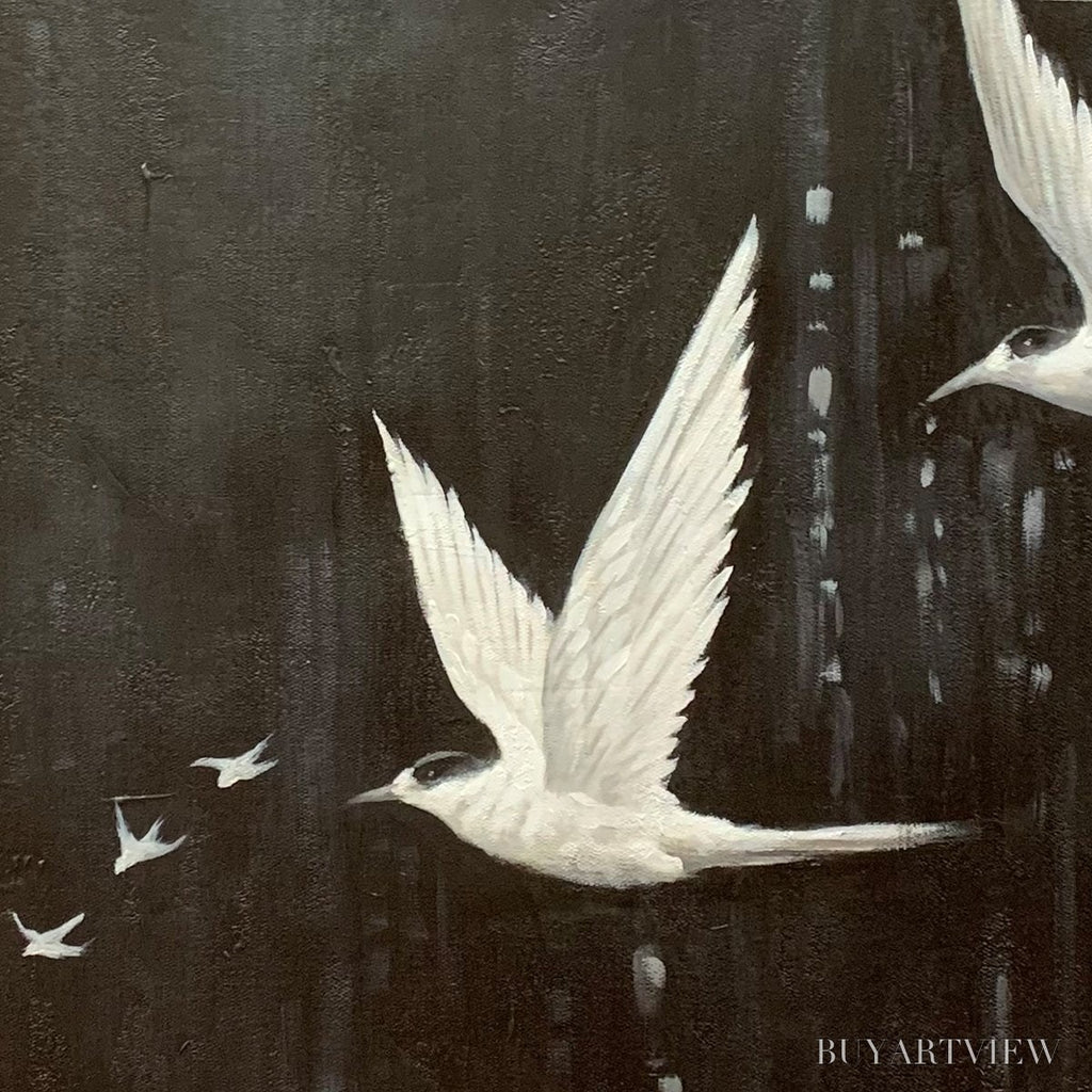 ARTOVITAS Night Flight – Monochromatic Birds in Flight Oil Painting - image 5