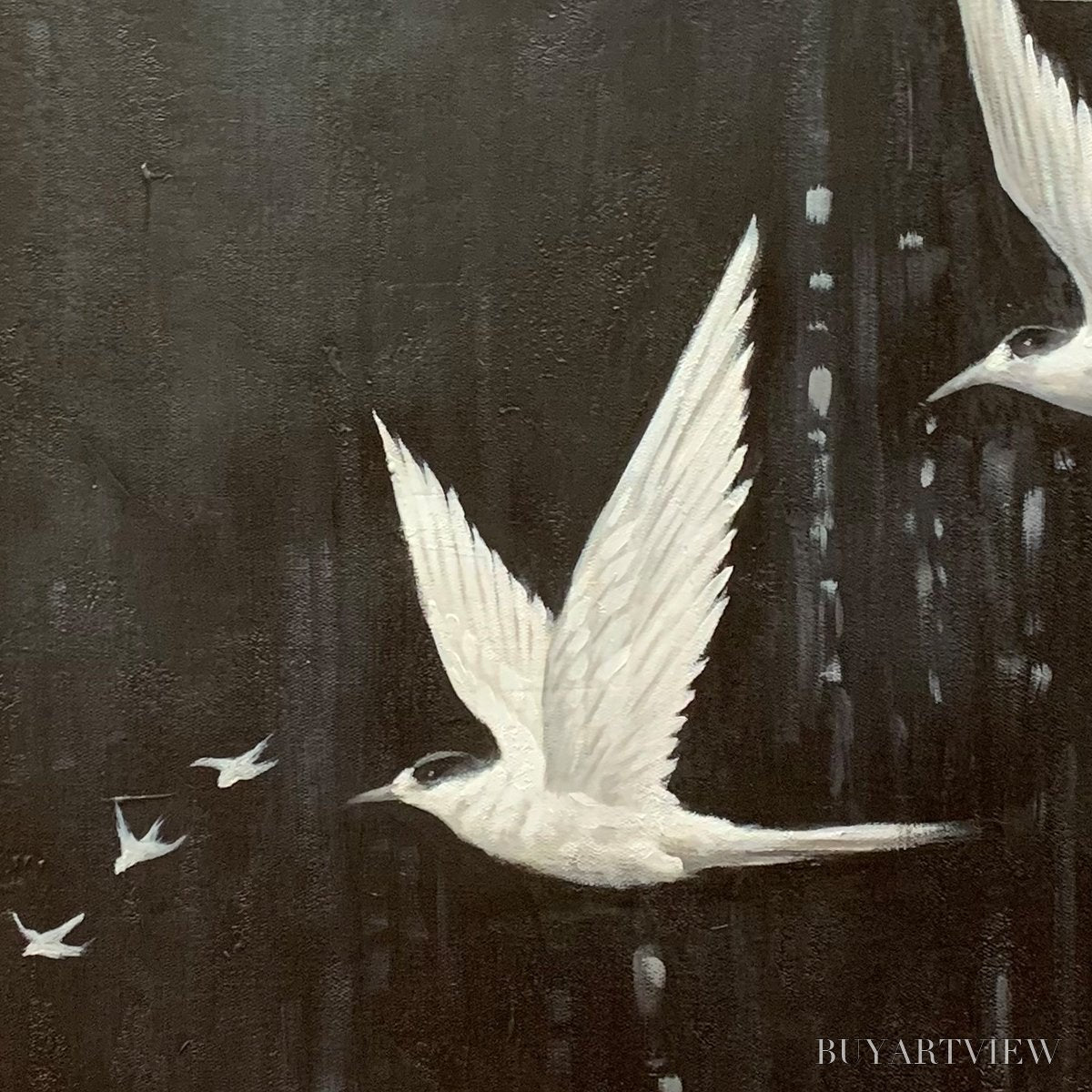 ARTOVITAS Night Flight – Monochromatic Birds in Flight Oil Painting - image 5