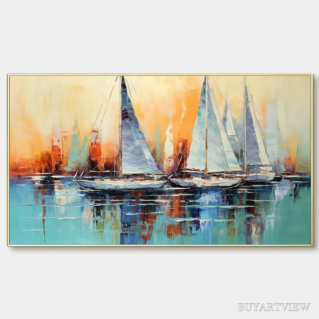 ARTOVITAS Sailing At Sunset – Panoramic Sailboat Painting, Coastal , Blue, Orange, Living Room, Bedroom, Office - image 1