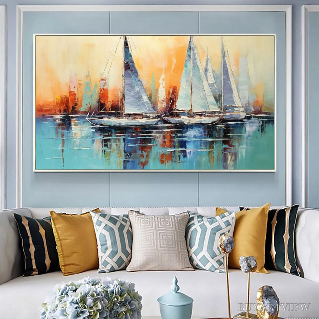 ARTOVITAS Sailing At Sunset – Panoramic Sailboat Painting, Coastal , Blue, Orange, Living Room, Bedroom, Office - image 2