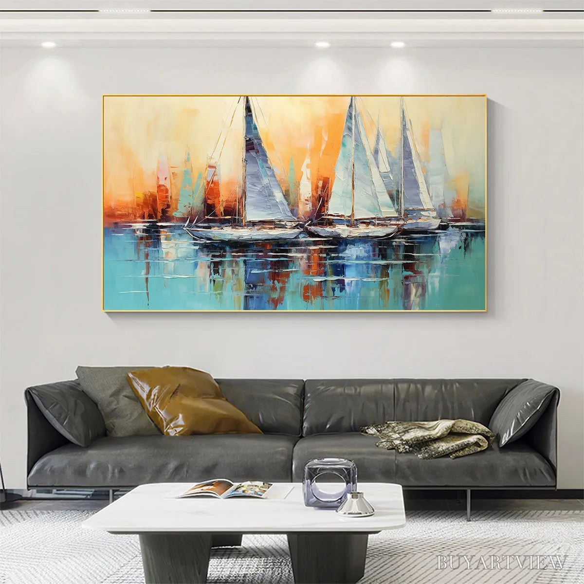 ARTOVITAS Sailing At Sunset – Panoramic Sailboat Painting, Coastal , Blue, Orange, Living Room, Bedroom, Office - image 4