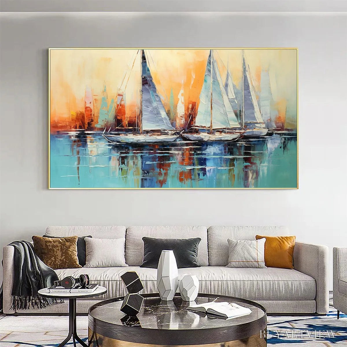 ARTOVITAS Sailing At Sunset – Panoramic Sailboat Painting, Coastal , Blue, Orange, Living Room, Bedroom, Office - image 5