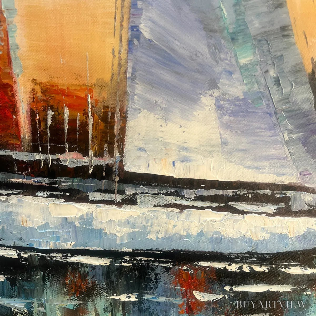 ARTOVITAS Sailing At Sunset – Panoramic Sailboat Painting, Coastal , Blue, Orange, Living Room, Bedroom, Office - image 6