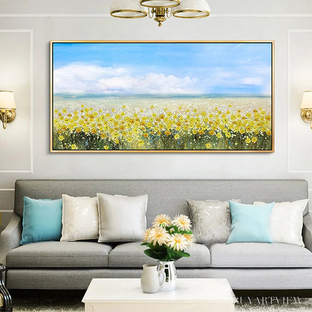 ARTOVITAS Golden Hour Bloom – Landscape Oil Painting with Yellow Wildflowers and Blue Sky - image 2