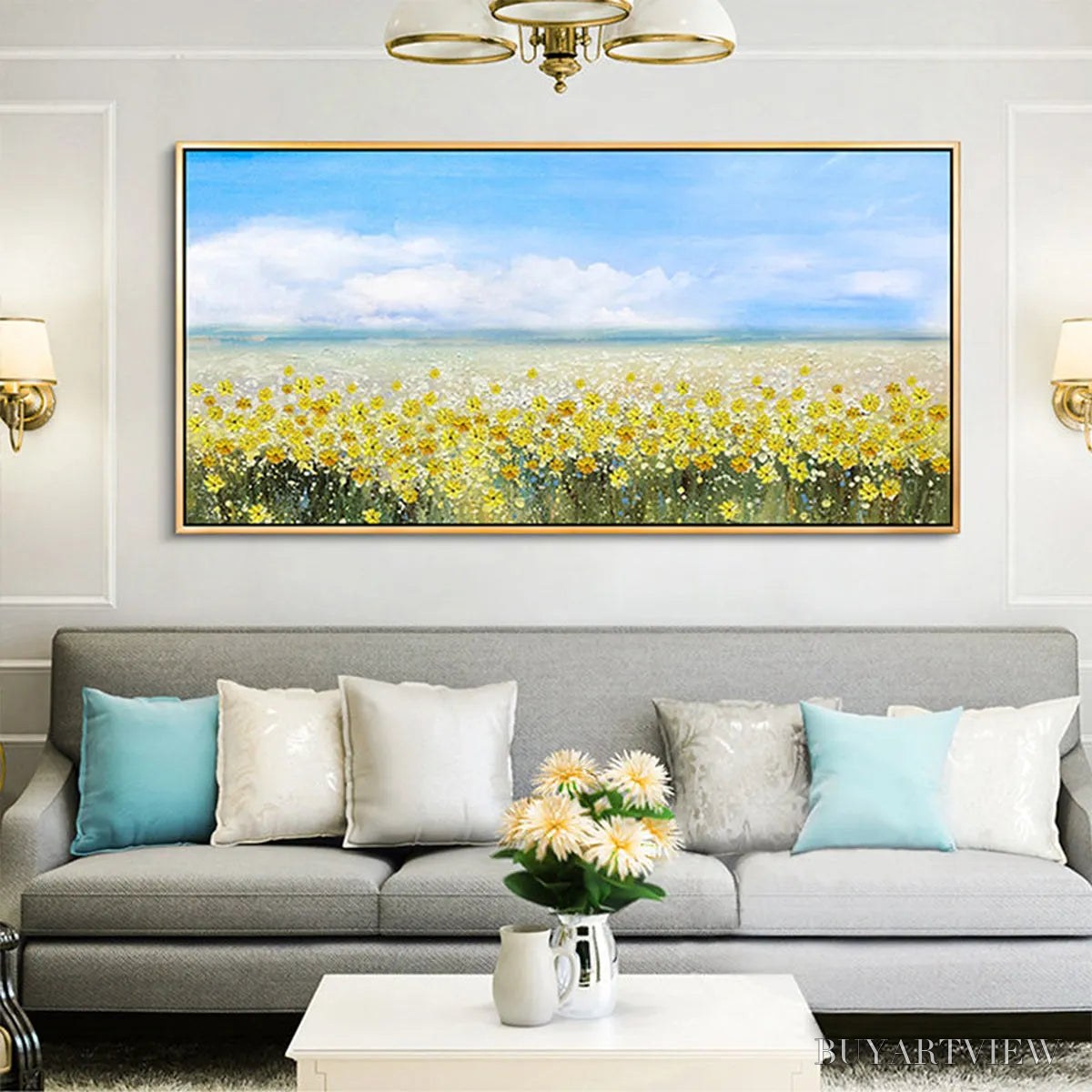 ARTOVITAS Golden Hour Bloom – Landscape Oil Painting with Yellow Wildflowers and Blue Sky - image 2