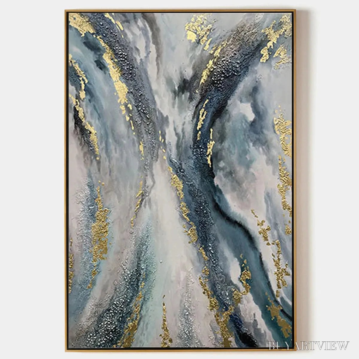 ARTOVITAS Celestial River – Vertical Abstract Oil Painting with Gold Leaf Accents - image 1