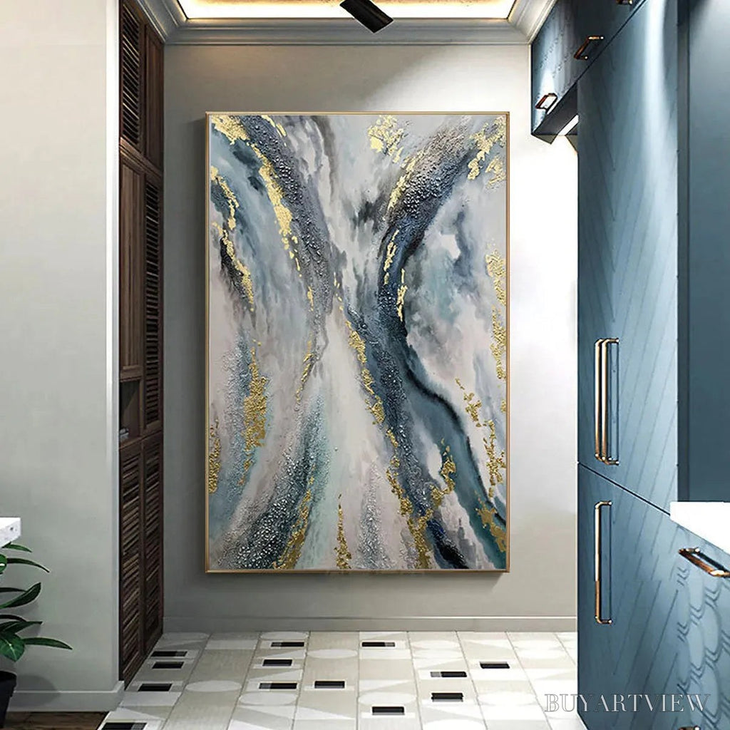 ARTOVITAS Celestial River – Vertical Abstract Oil Painting with Gold Leaf Accents - image 2