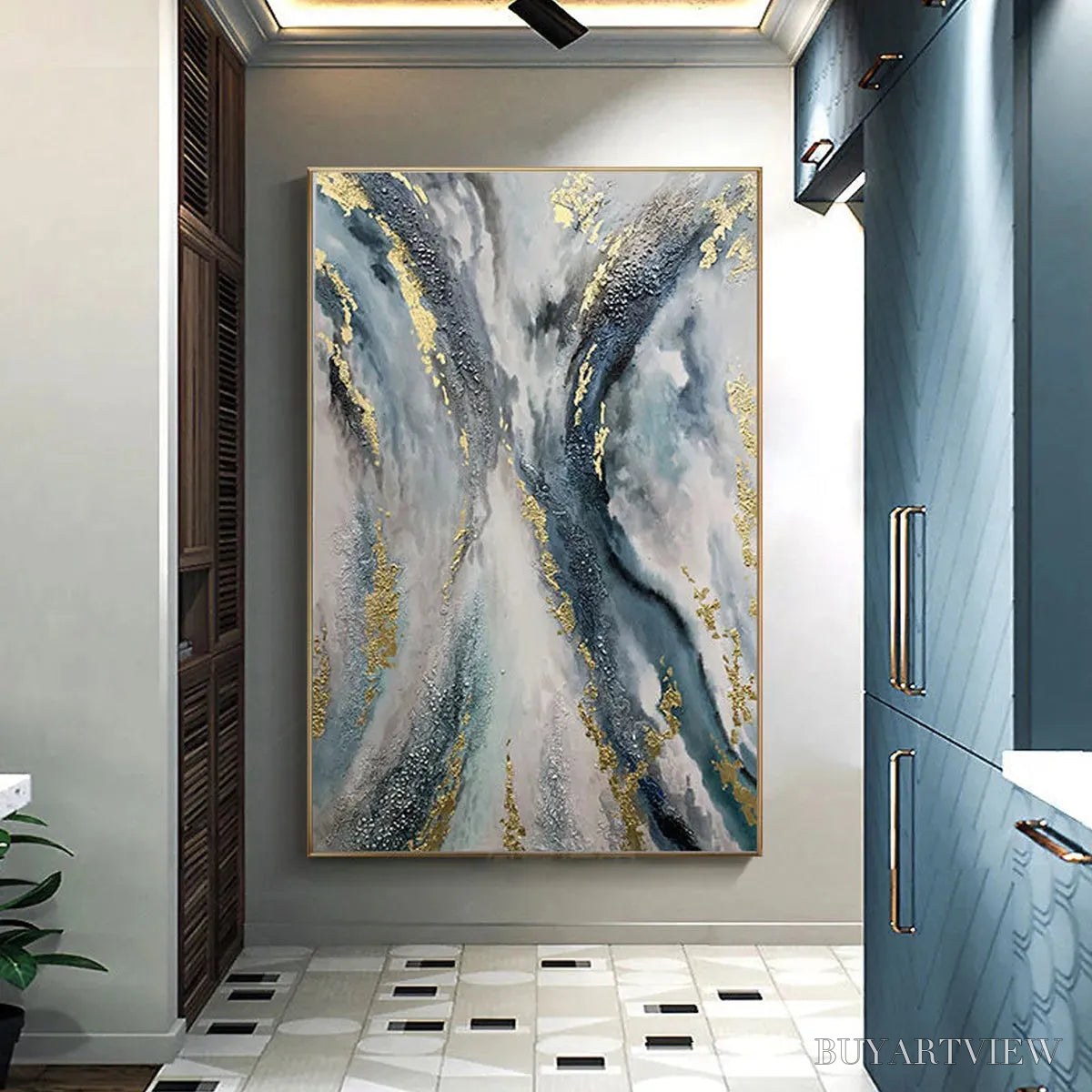 ARTOVITAS Celestial River – Vertical Abstract Oil Painting with Gold Leaf Accents - image 2
