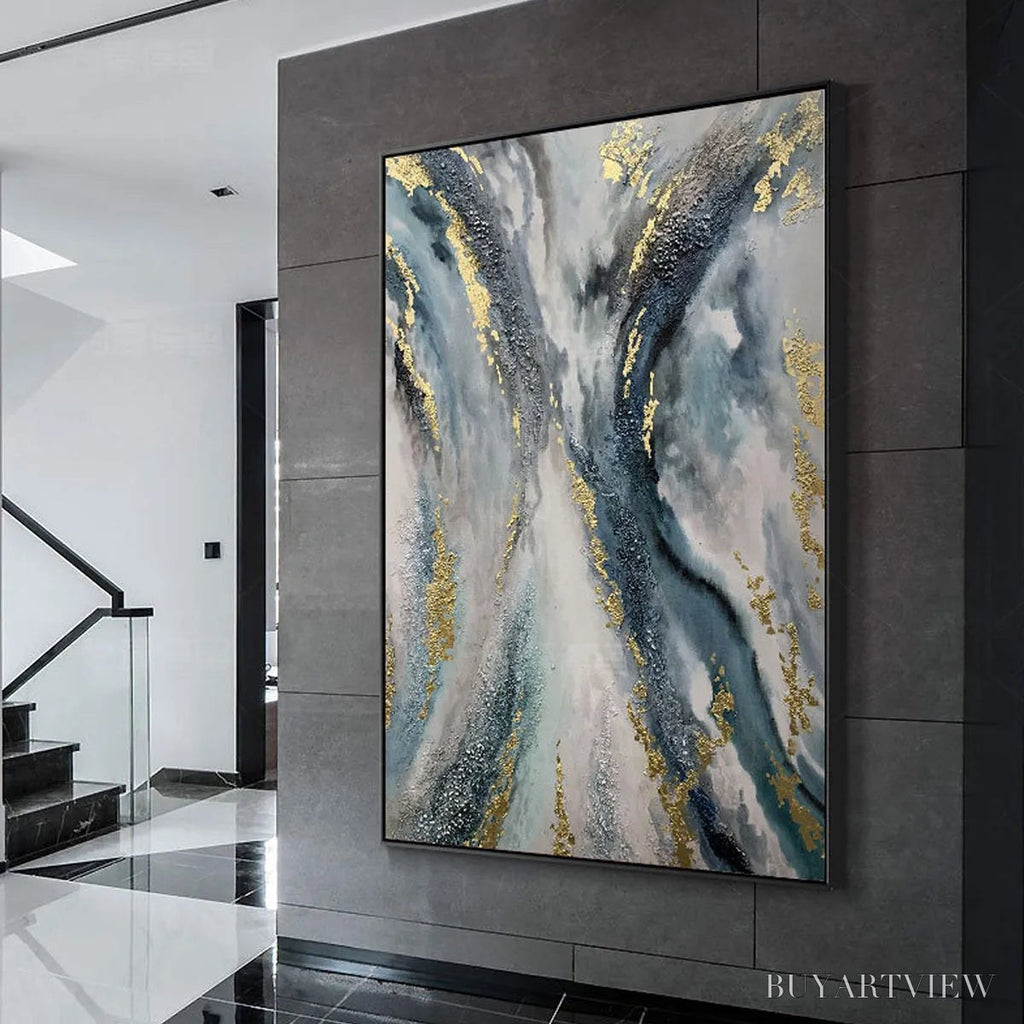 ARTOVITAS Celestial River – Vertical Abstract Oil Painting with Gold Leaf Accents - image 5
