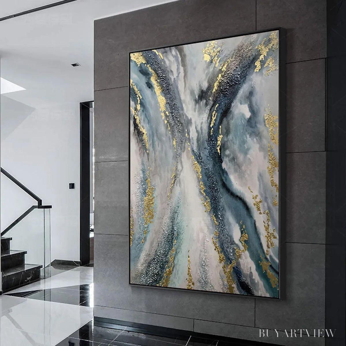 ARTOVITAS Celestial River – Vertical Abstract Oil Painting with Gold Leaf Accents - image 5